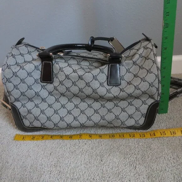 Vintage Ralph Lauren Signature Gray & Black Leather Trim Duffle Carry On Bag - Picture 8 of 9